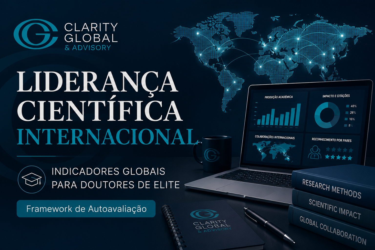 Thumbnail institucional da Clarity Global & Advisory sobre liderança científica internacional, com mapa global conectado, laptop com indicadores acadêmicos, livros de pesquisa e destaque para framework de autoavaliação para doutores de elite.