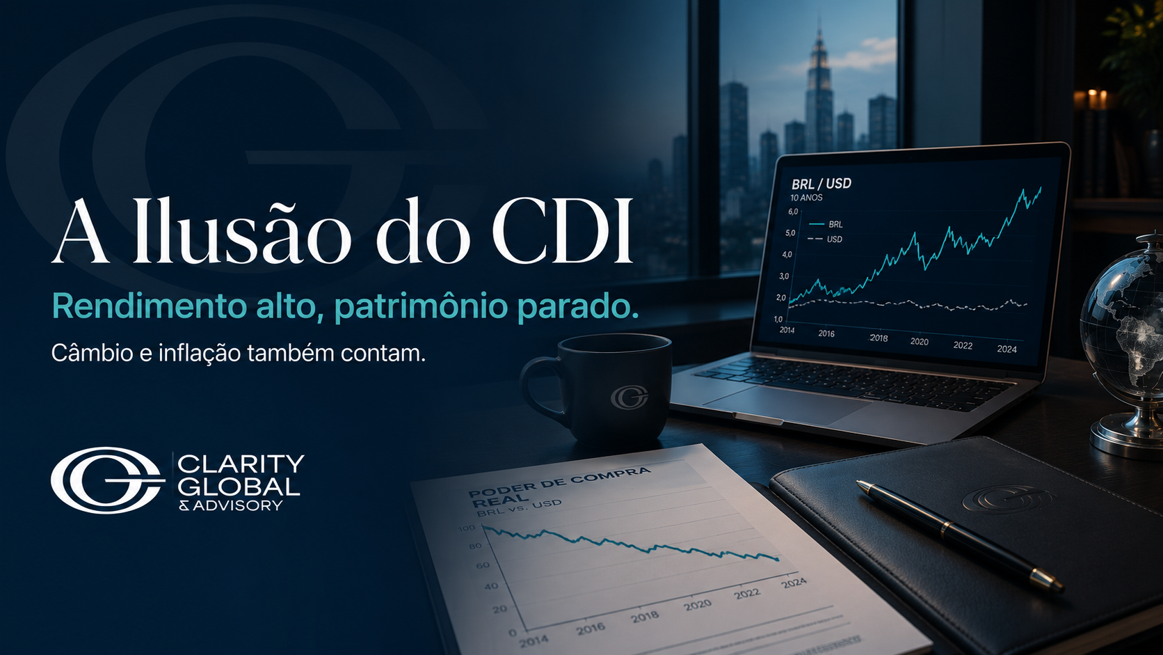 Imagem institucional da Clarity Global & Advisory sobre a ilusão do CDI, com notebook exibindo gráfico BRL/USD, documentos financeiros e elementos de planejamento patrimonial internacional.