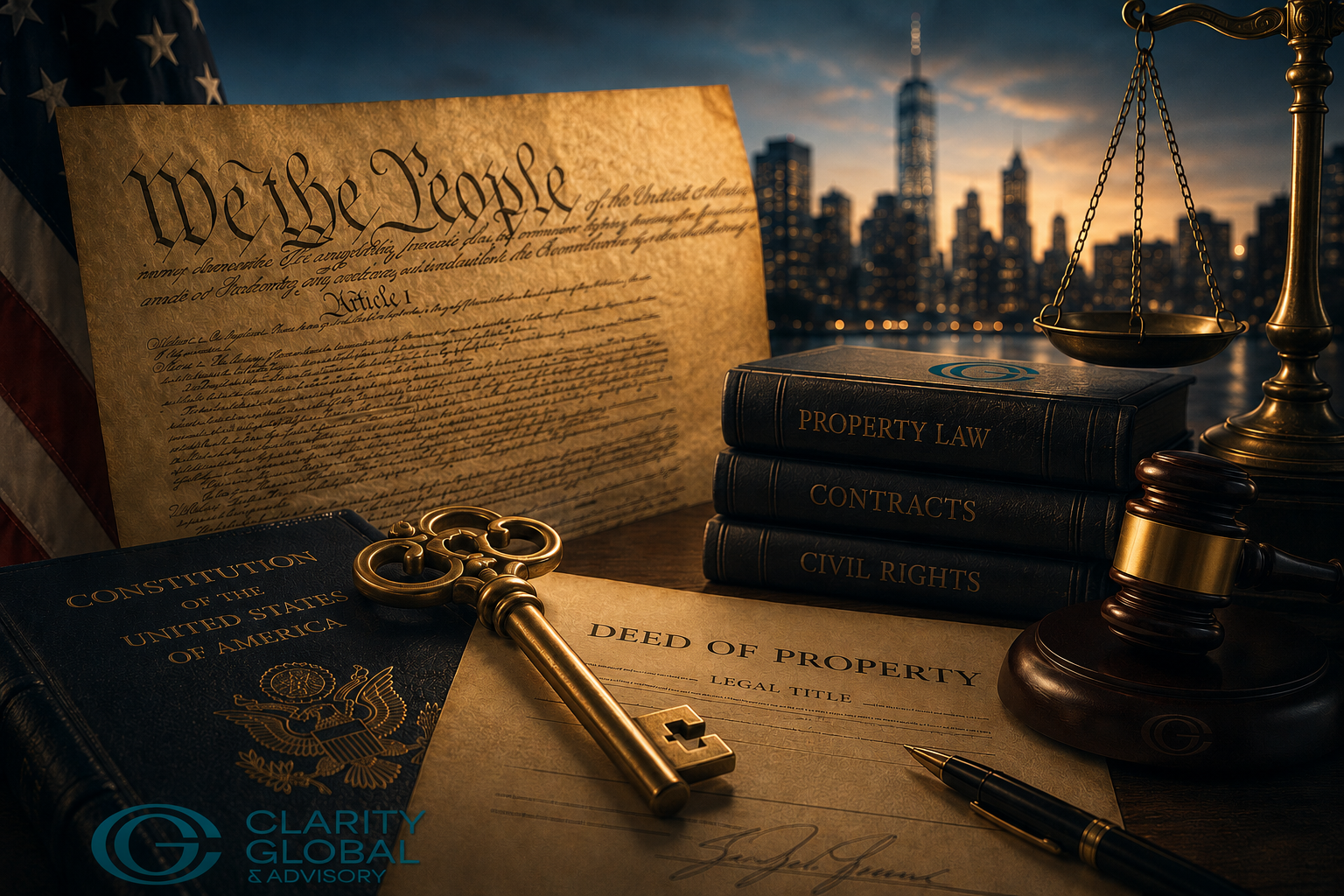 Imagem institucional da Clarity Global & Advisory com Constituição dos Estados Unidos, escritura de propriedade, chave dourada, livros jurídicos, balança da justiça e martelo, representando proteção à propriedade privada, contratos e segurança jurídica nos EUA.