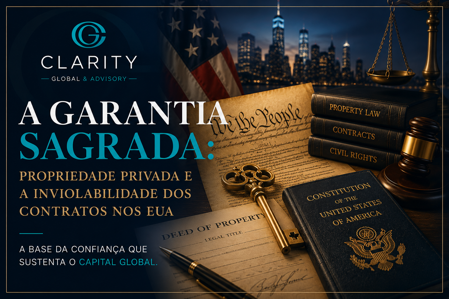 Thumbnail institucional da Clarity Global & Advisory sobre propriedade privada e contratos nos EUA, com Constituição americana, escritura de propriedade, chave dourada, livros jurídicos, martelo e balança da justiça, representando segurança jurídica e proteção patrimonial.