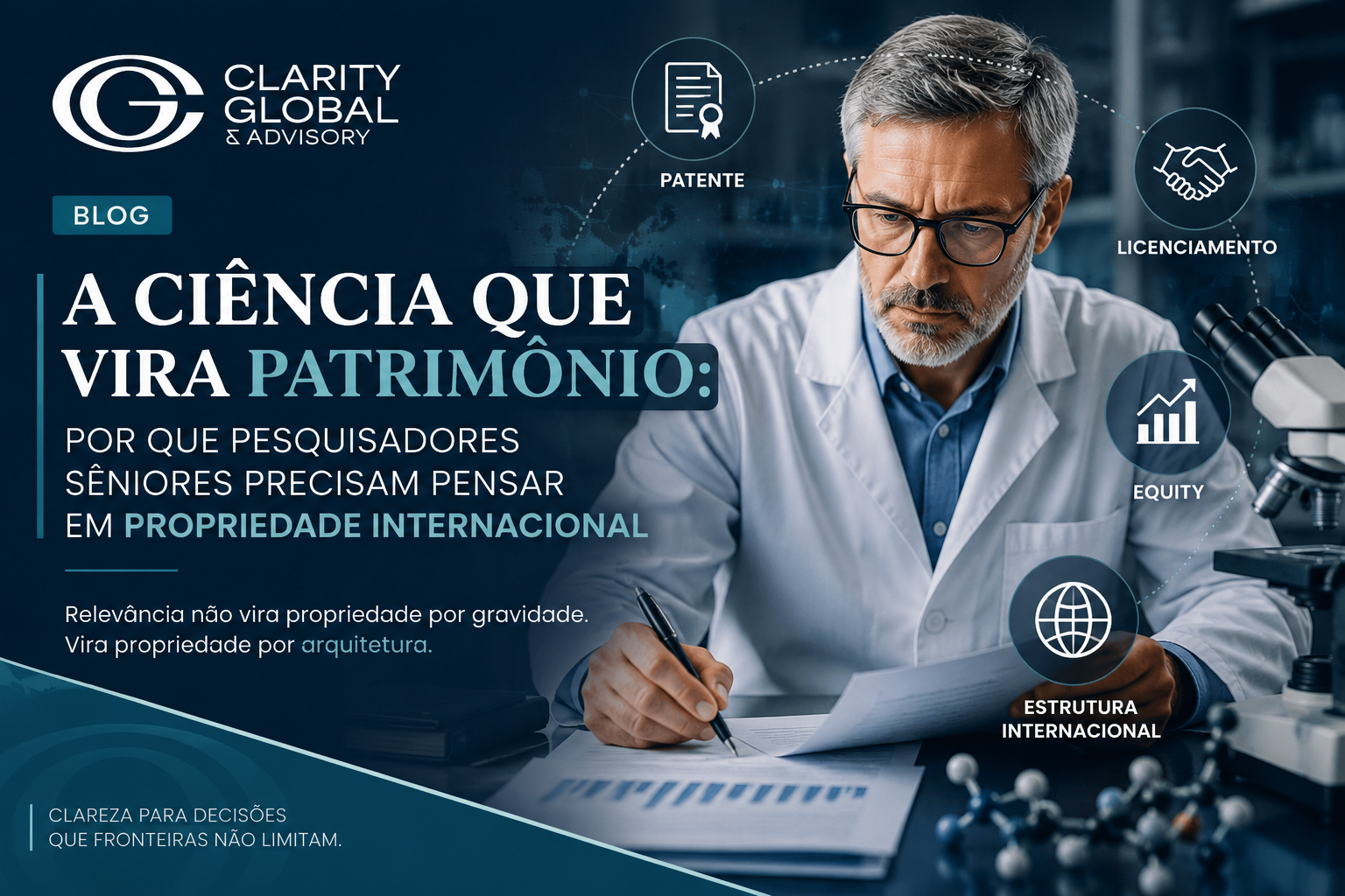 Thumbnail do blog da Clarity sobre ciência, patrimônio e propriedade intelectual internacional, com pesquisador sênior, patente, licenciamento, equity e estrutura corporativa.