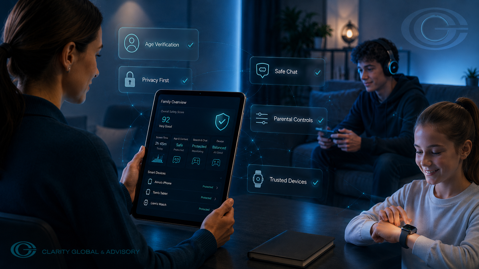 Imagem editorial em tons de azul e teal mostra uma mãe analisando um painel digital de segurança familiar em um tablet, enquanto dois filhos utilizam tecnologia de forma supervisionada. A cena destaca controles parentais, verificação de idade, privacidade, chat seguro, dispositivos confiáveis e proteção digital para crianças e adolescentes, com aplicação discreta da marca Clarity Global & Advisory.