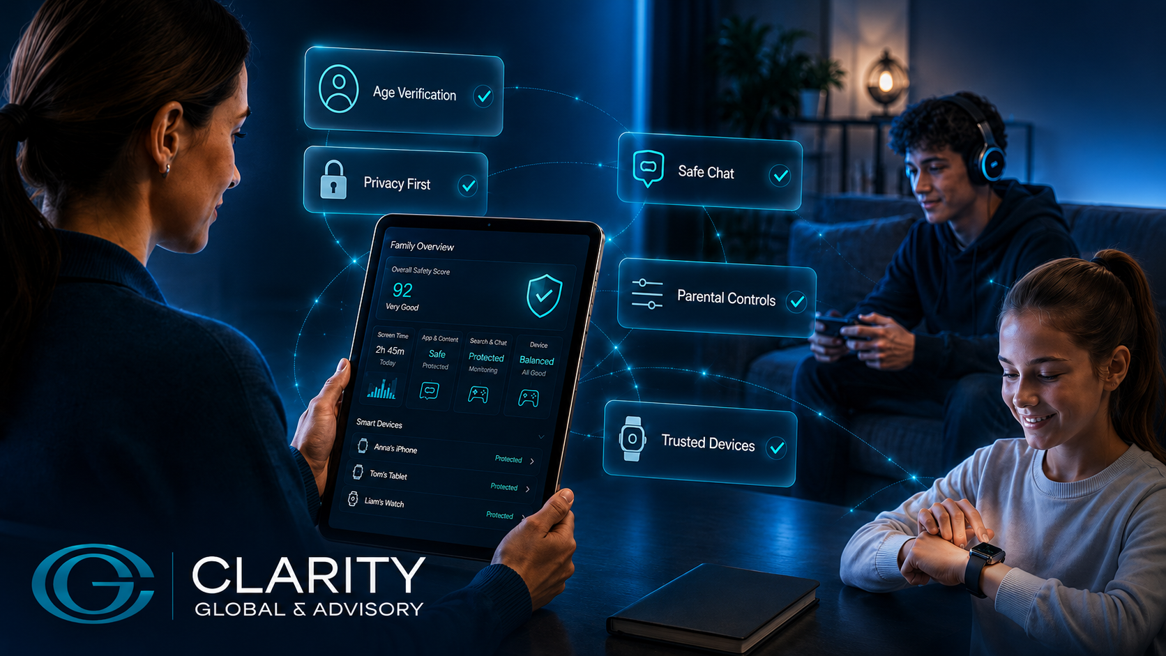 Família em ambiente tecnológico com painel digital de segurança, controles parentais, verificação de idade, privacidade, chat seguro e dispositivos protegidos, com logo da Clarity Global & Advisory em destaque.