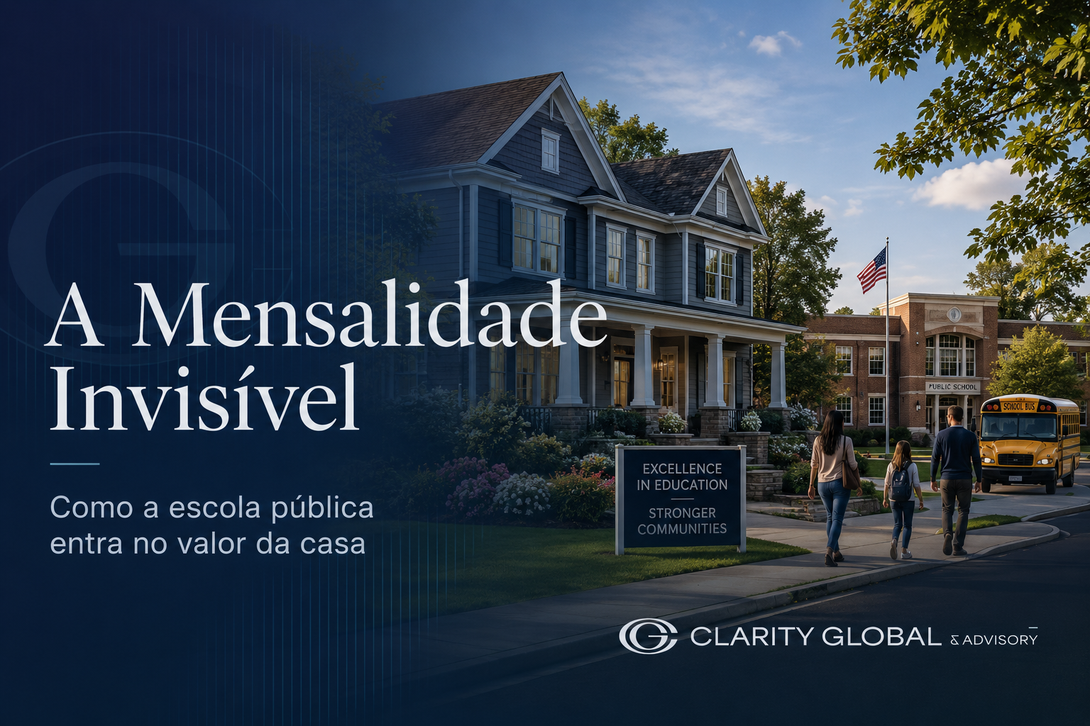 Casa residencial nos EUA próxima a escola pública, representando como o school district pode influenciar o valor do imóvel e a decisão patrimonial.