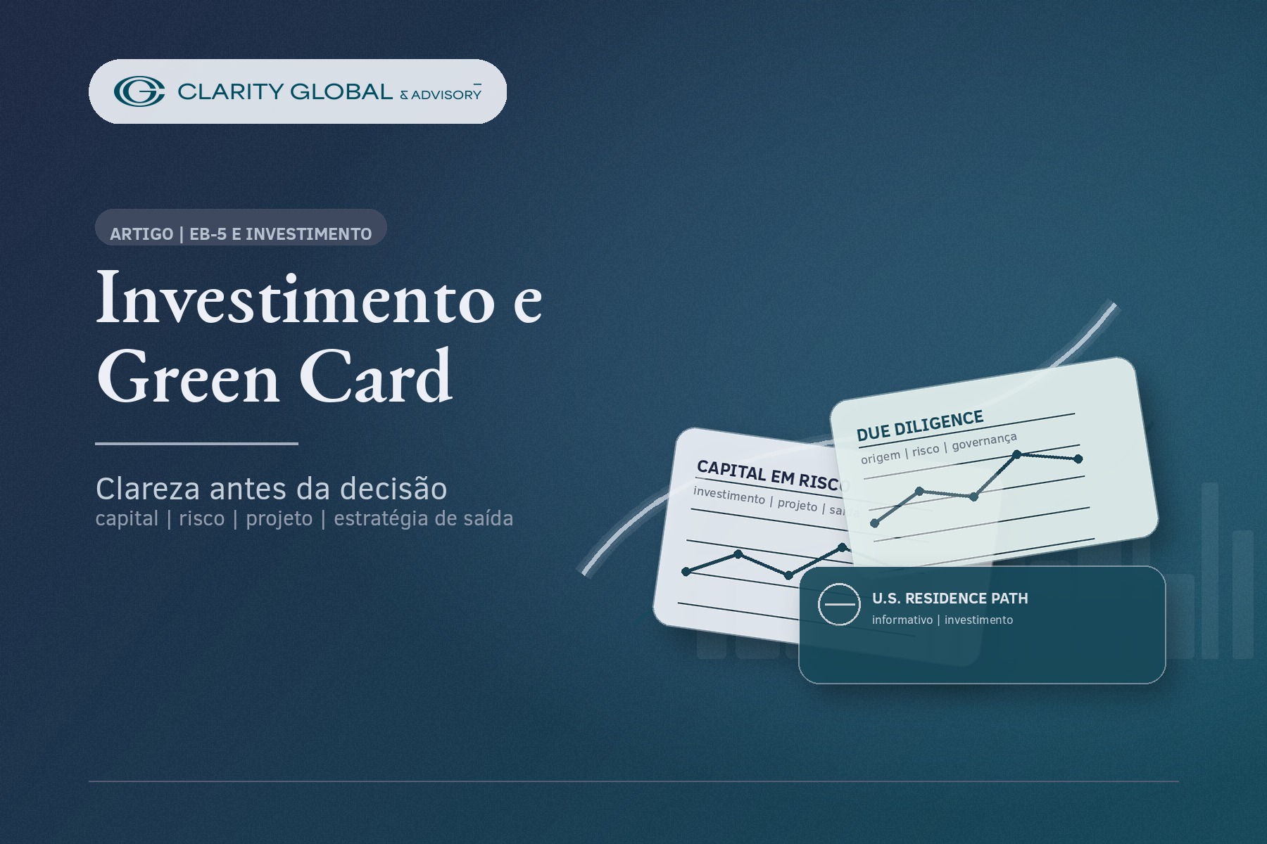 Imagem editorial premium da Clarity Global & Advisory sobre investimento EB-5, capital em risco, due diligence e estratégia antes de decisões relacionadas a Green Card.