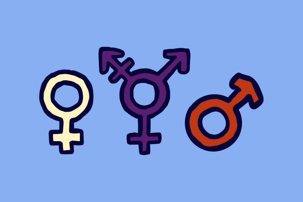 An illustration of gender symbols from left to right: male, transgender, and female in front of a blue background.