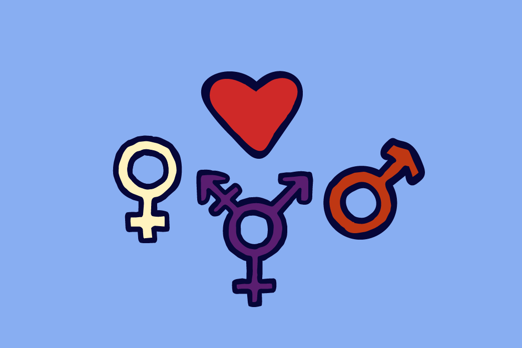 An illustration of gender symbols from left to right: male, transgender, and female with a heart above them in front of a blue background.