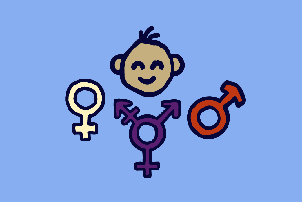 An illustration of gender symbols from left to right: male, transgender, and female with a baby head icon above them in front of a blue background.