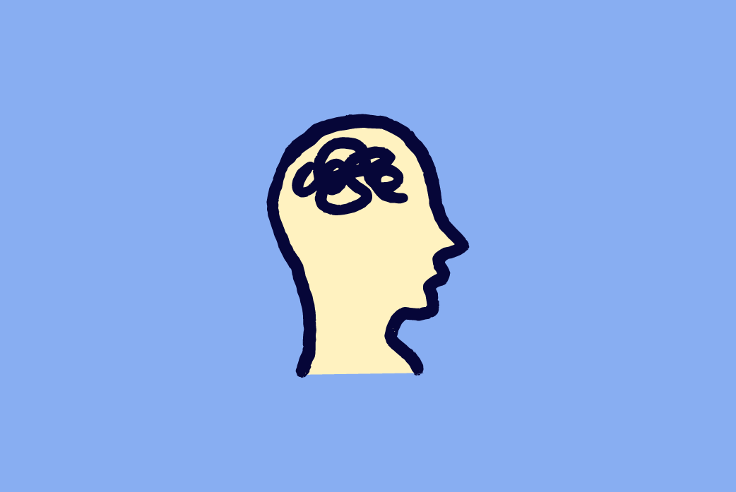 An illustration of a head with a scrambled brain in the middle indicating the person is exhibiting behavioral health symptoms in front of a blue background.