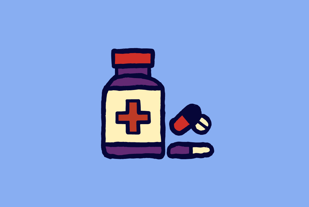 An illustration of a pill bottle with pills next to it in front of a blue background.