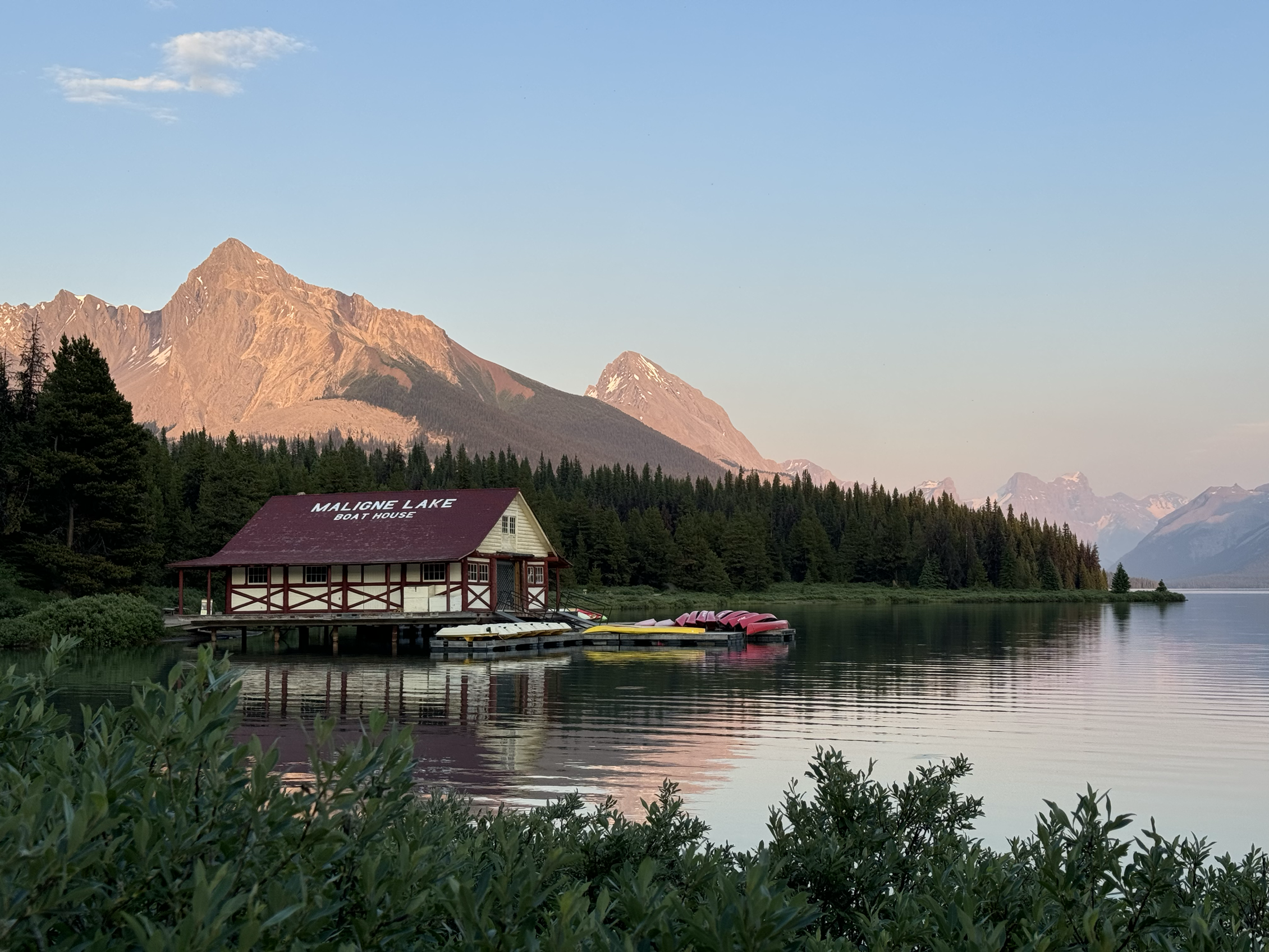 Maligne Lake boathouse and mountain scenery in Jasper National Park