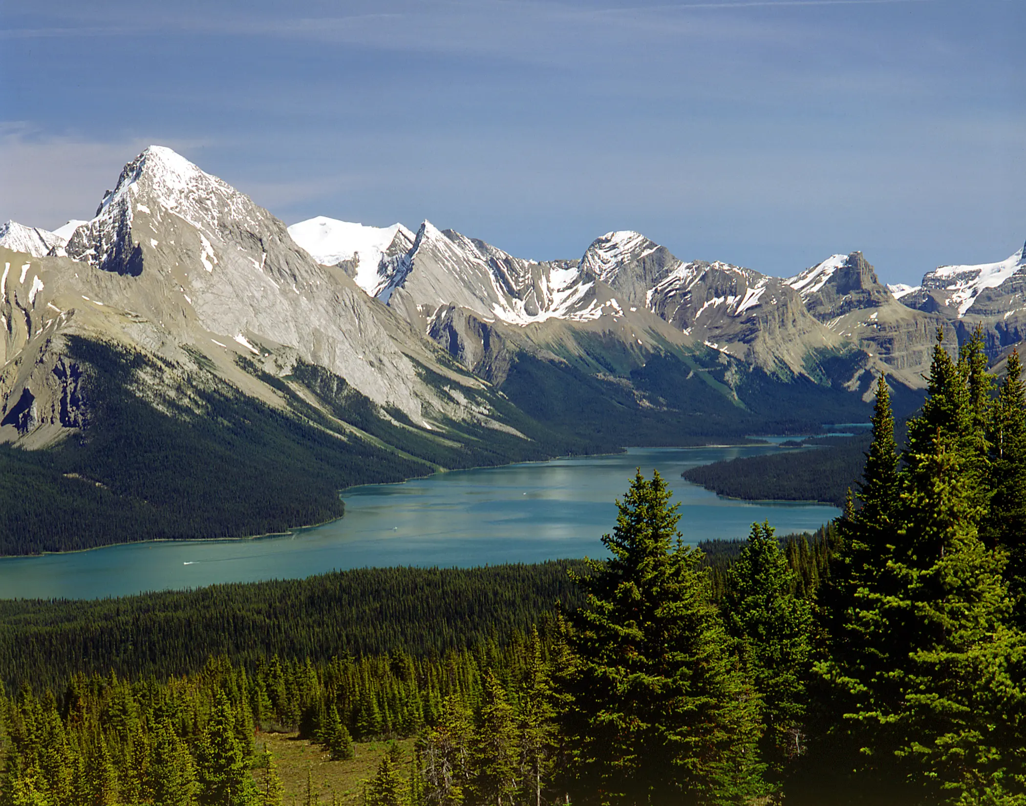 View of Maligne Lake and surrounding mountains from the Bald Hills Trail