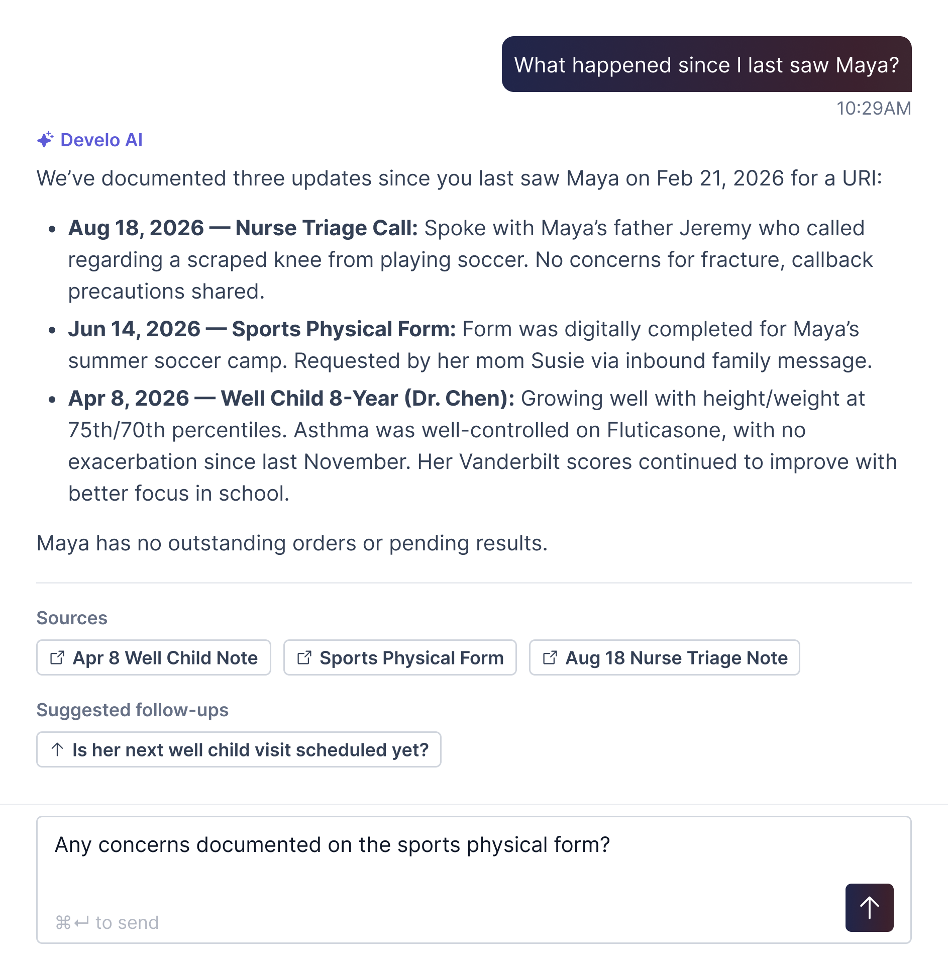 Develo AI chat answering a question about a patient's visit history
