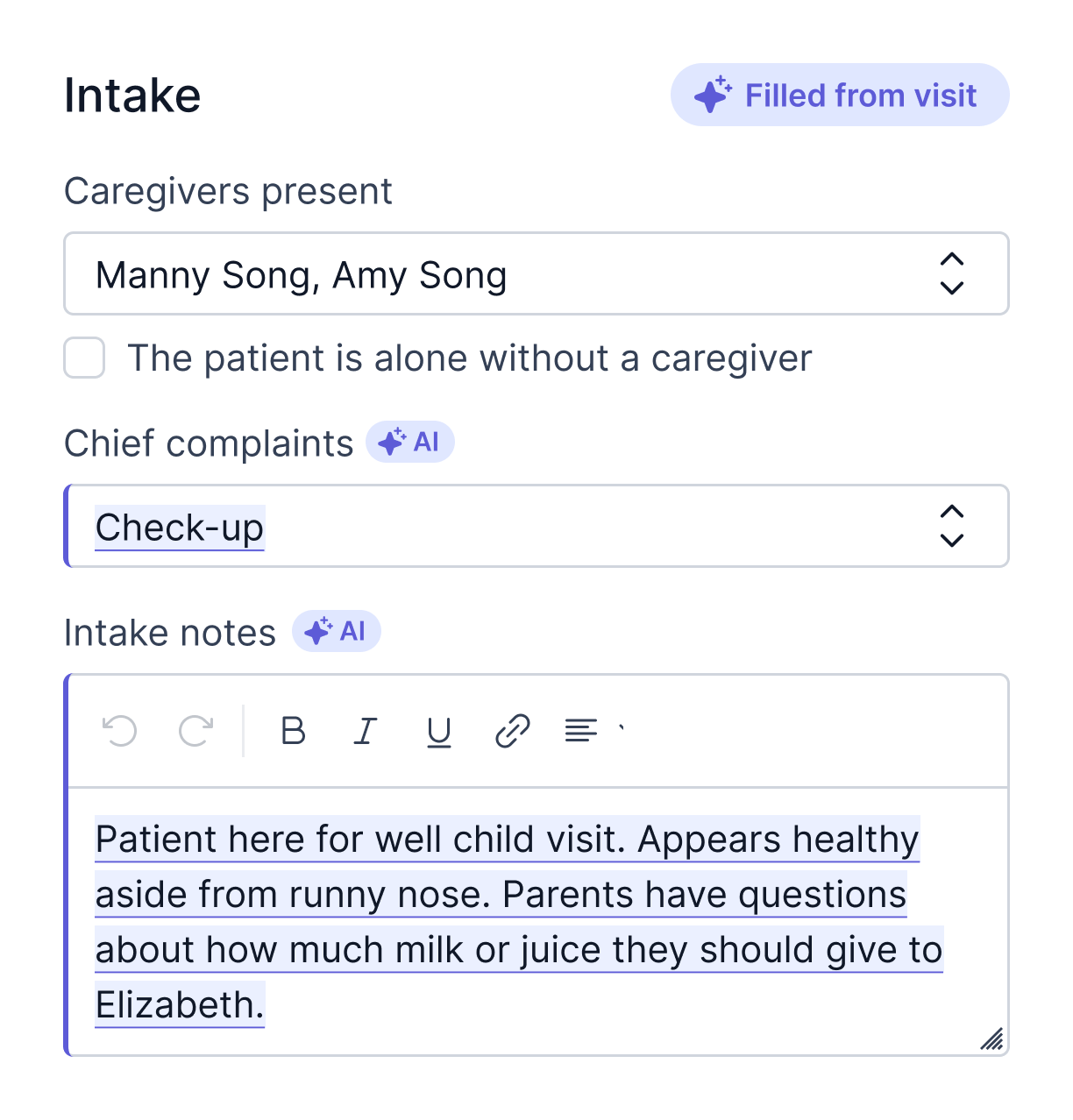 Develo AI-filled patient intake form showing chief complaint and visit notes