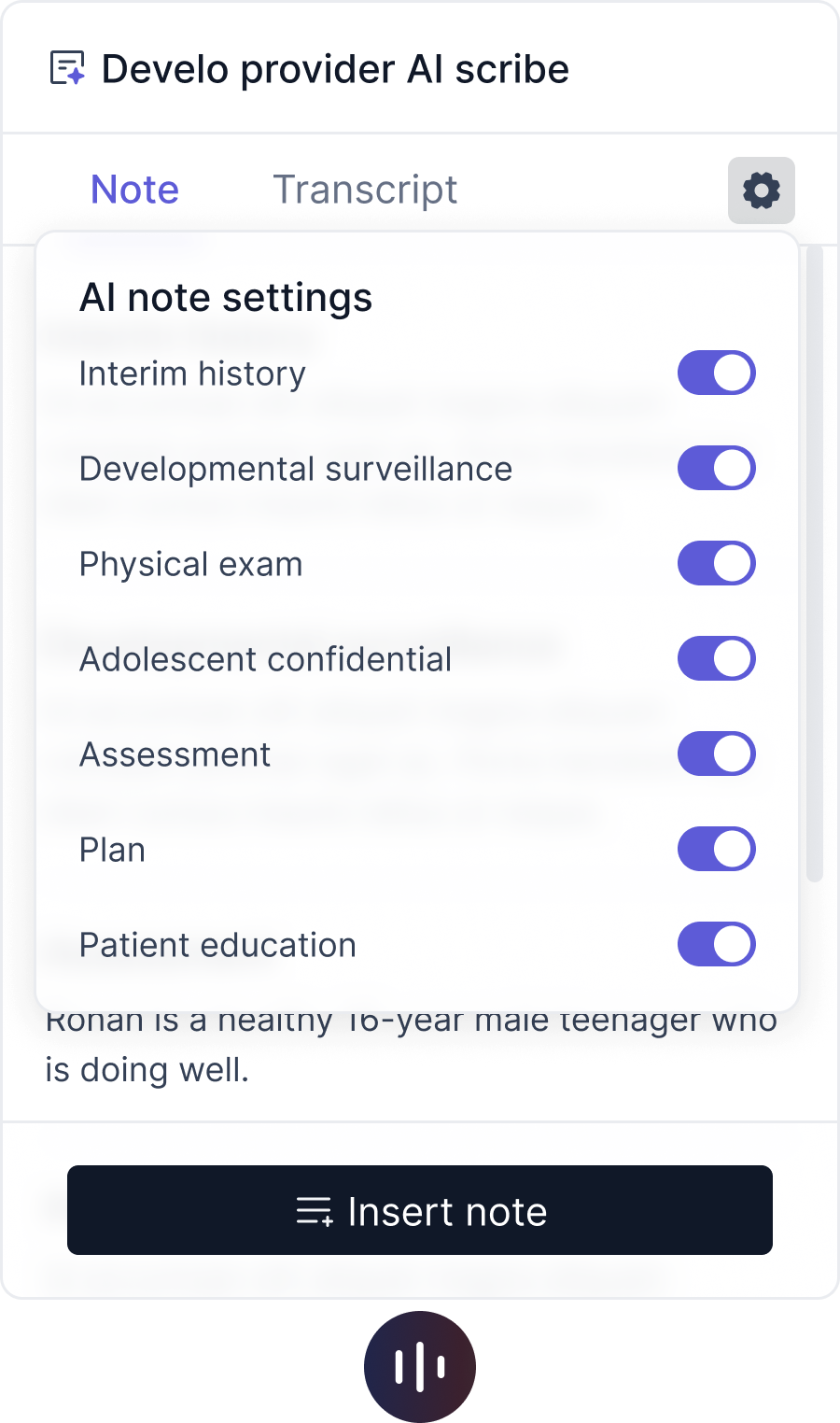 Develo provider AI scribe note settings and generated visit note