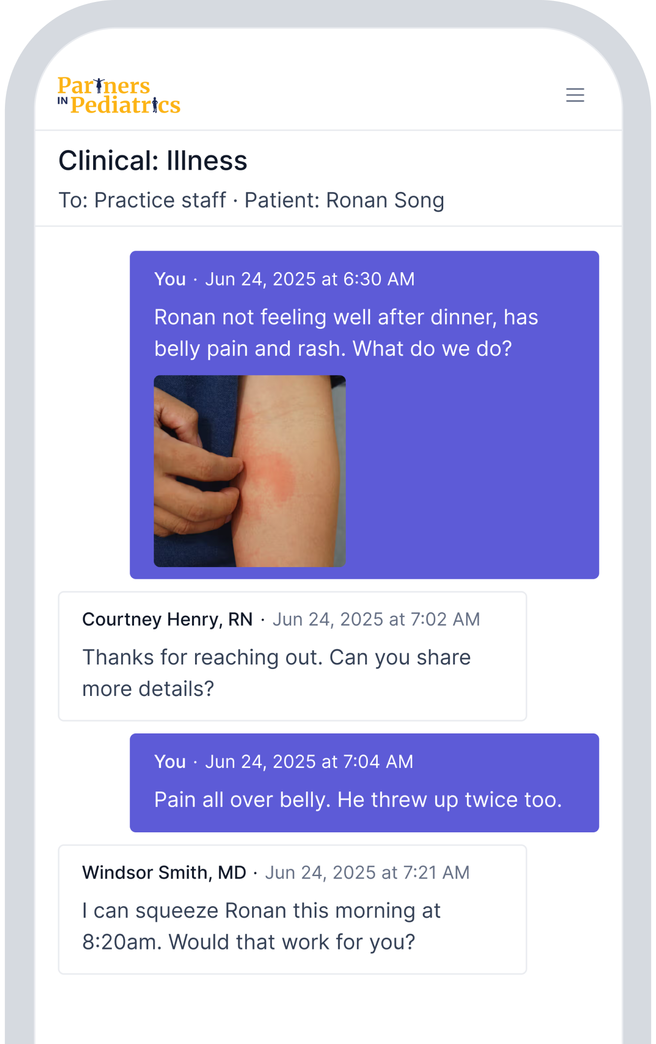 Secure message thread between a parent and clinical staff about a child's illness
