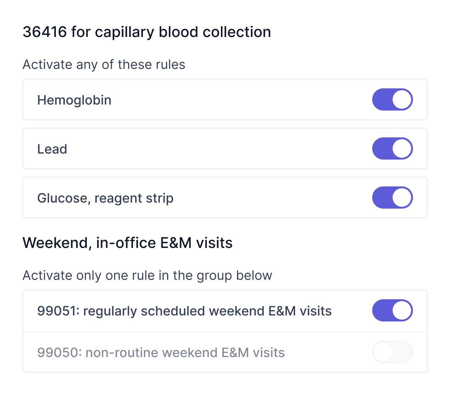 Charge capture automation rule toggles for lab collection and weekend visit billing codes