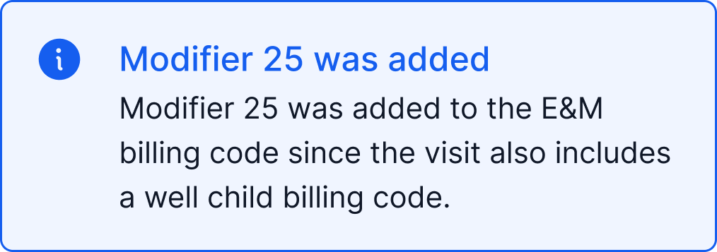 Notification explaining an automatically added E&M billing modifier