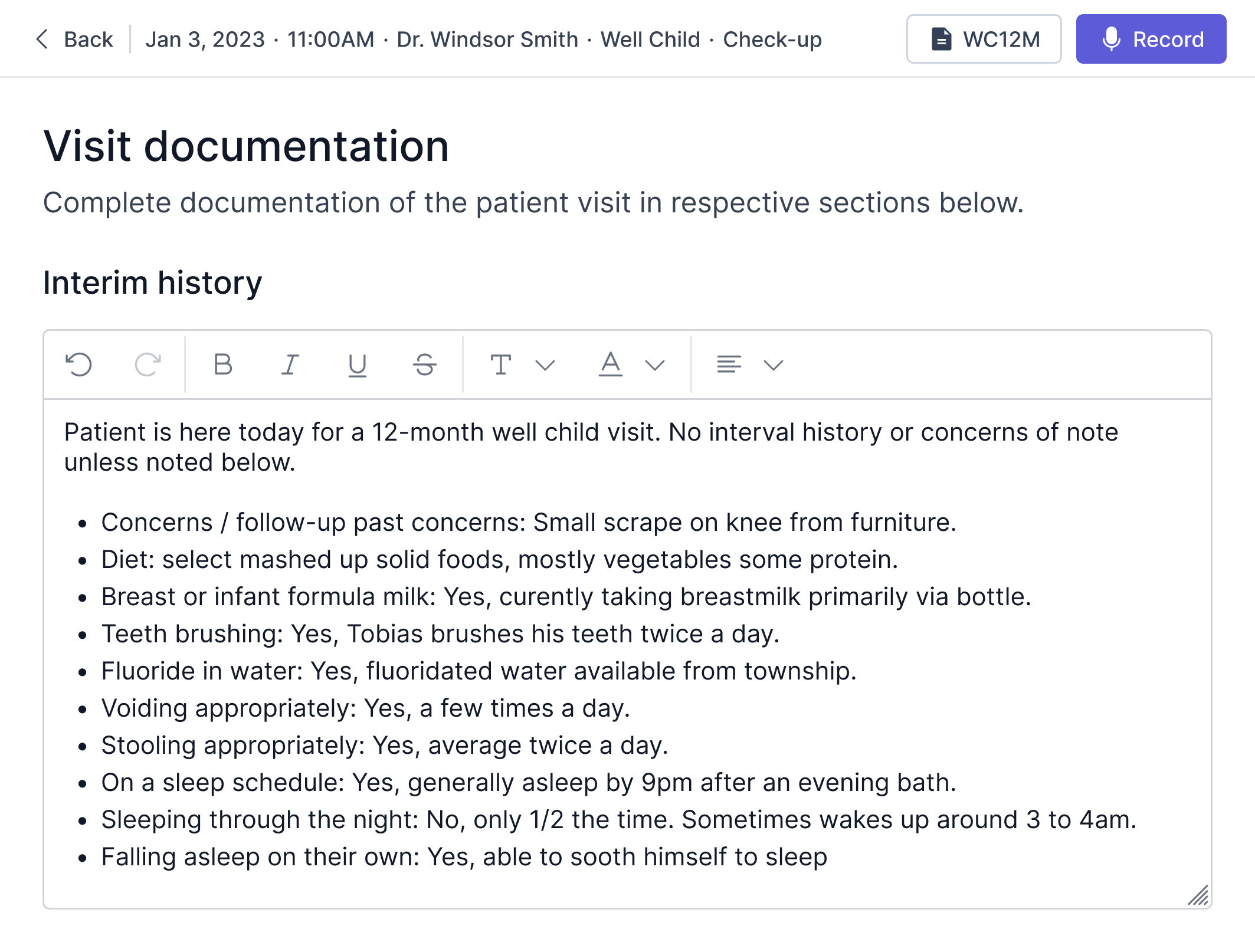 Visit documentation editor with structured interim history template text