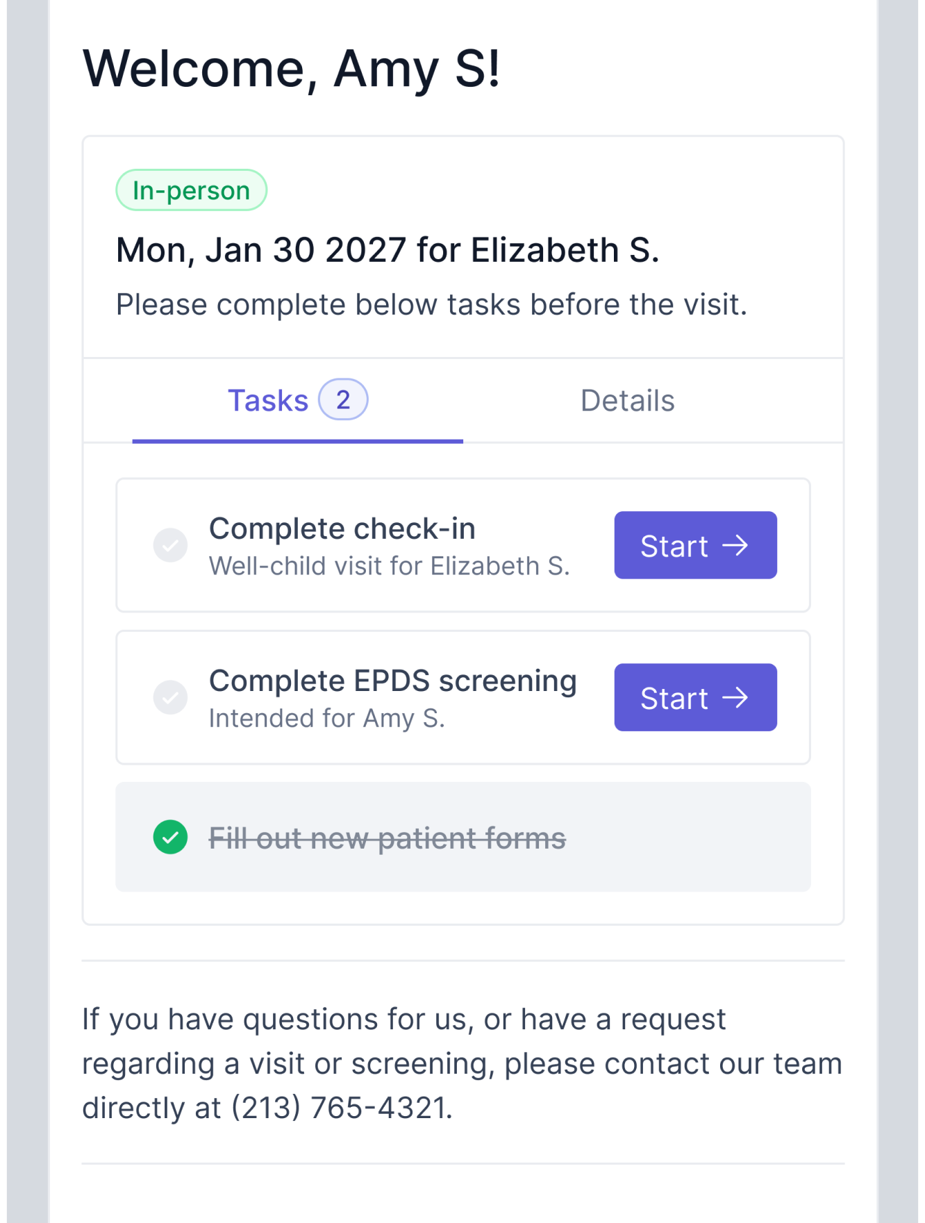 Patient portal welcome screen with pre-visit check-in and screening tasks