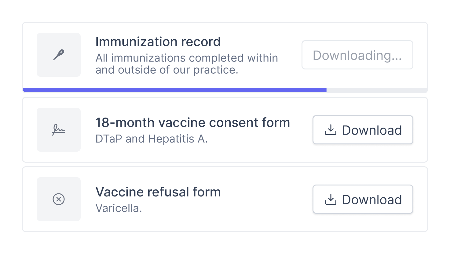 Family portal immunization record with downloadable vaccine consent and refusal forms