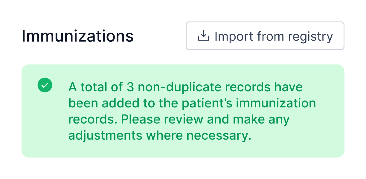 Immunizations panel confirming records imported from a state vaccine registry