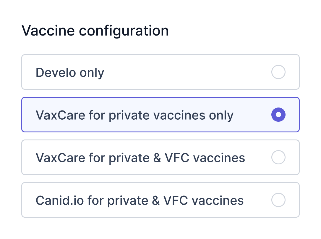 Vaccine configuration panel for choosing a VaxCare or Canid.io integration