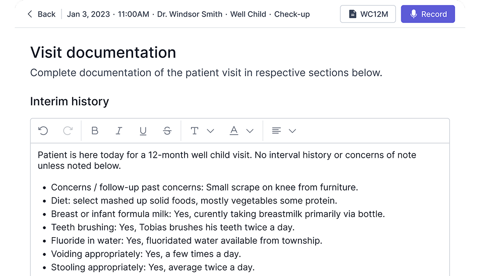 Develo visit documentation with an AI-drafted interim history for a 12-month well child visit