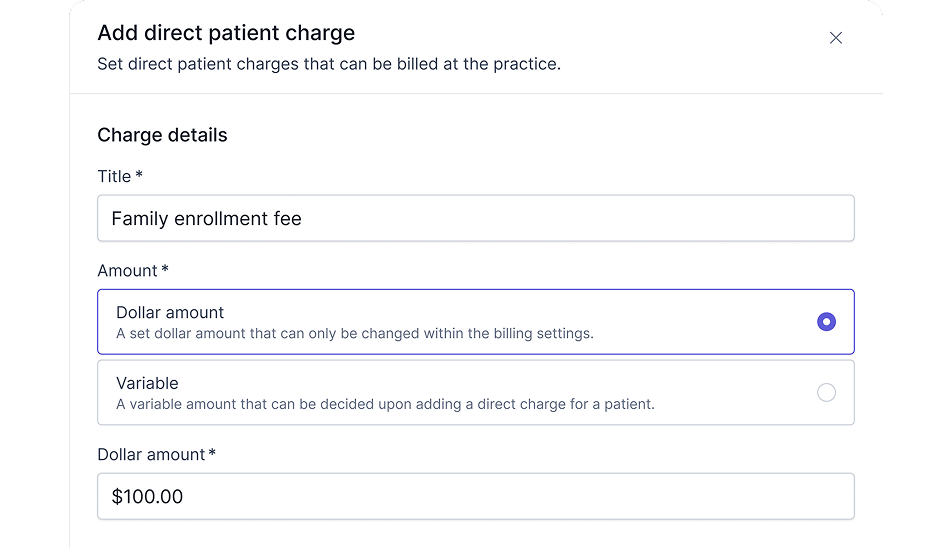 Develo direct patient charge form setting a fixed dollar amount for a family enrollment fee