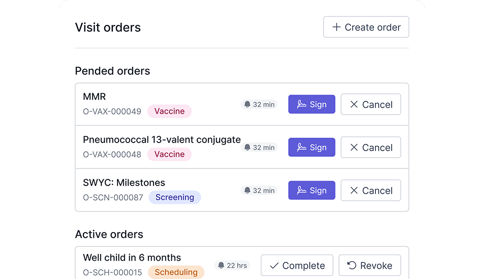 Develo visit orders with pended vaccine and screening orders ready to sign
