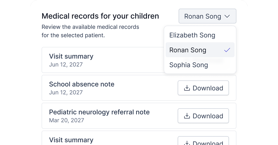 Develo family portal medical records list with a sibling selector and downloadable visit summaries