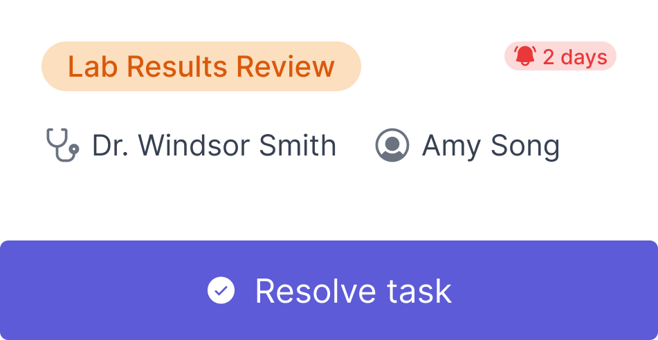 Develo task card for a lab results review, showing the assigned clinician and parent with a resolve task action