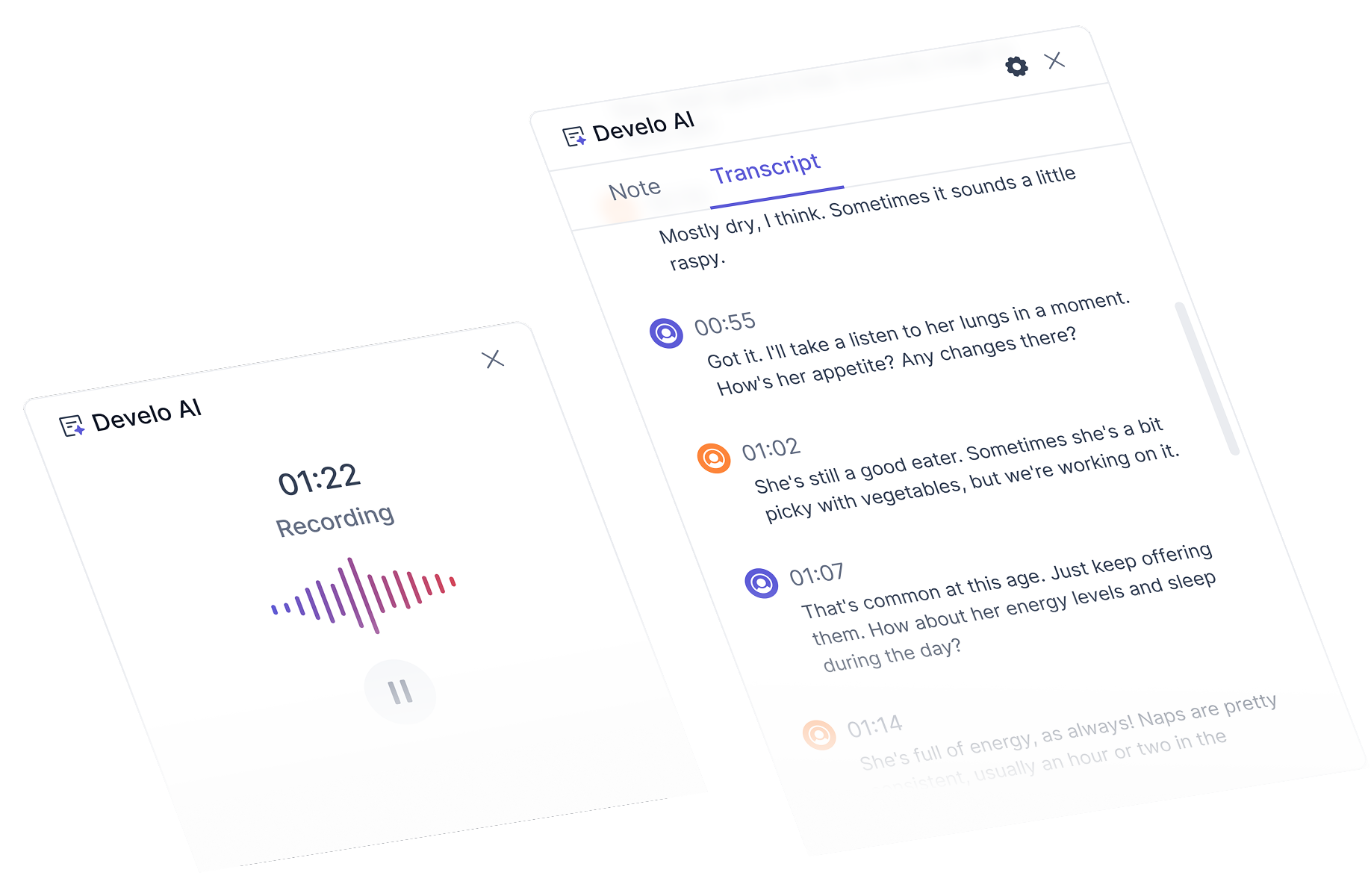 Develo AI recording a pediatric visit with live transcript and visit note