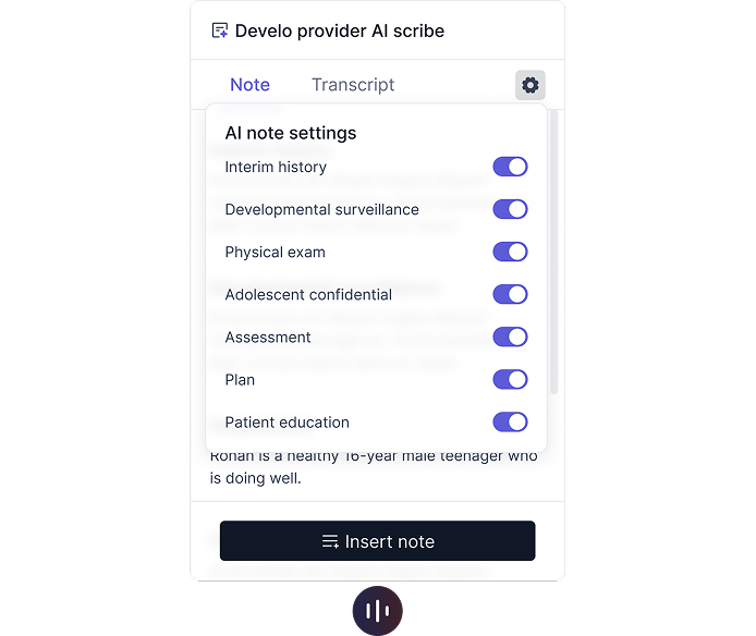 Develo provider AI scribe note settings and generated visit note