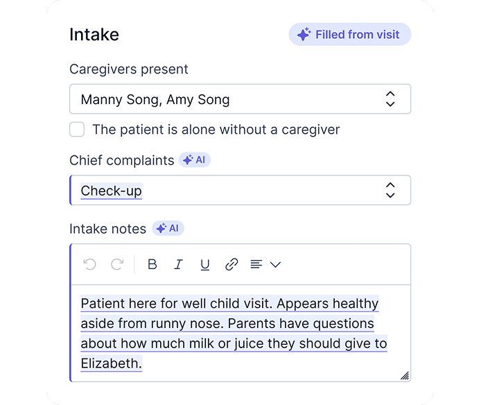 Develo AI-filled patient intake form showing chief complaint and visit notes, one source of the chart context the scribe uses