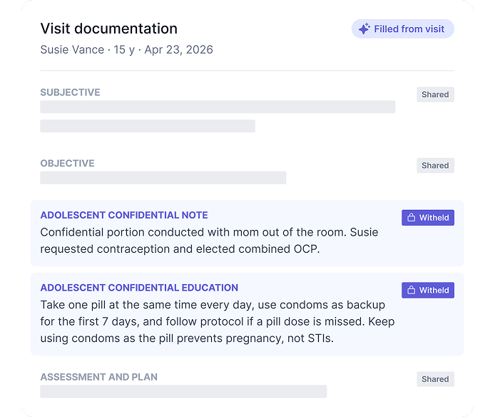 Develo AI scribe visit note with adolescent confidential note and education sections withheld from guardian access, while other sections remain shared