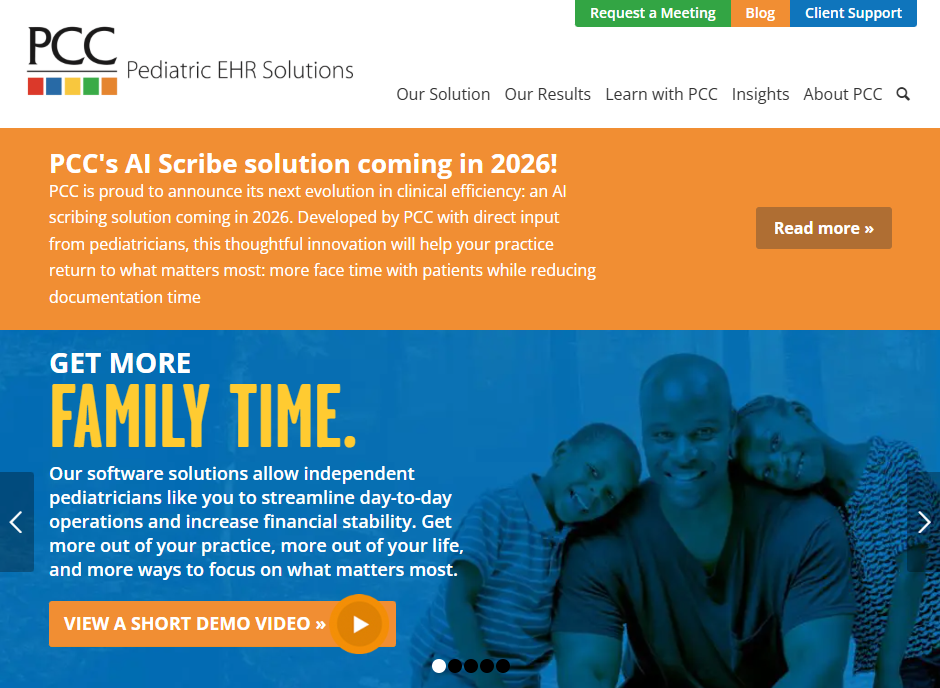 PCC Pediatric EHR Solutions homepage featuring AI scribe announcement and a banner reading “Get More Family Time” with a family image and demo video button.