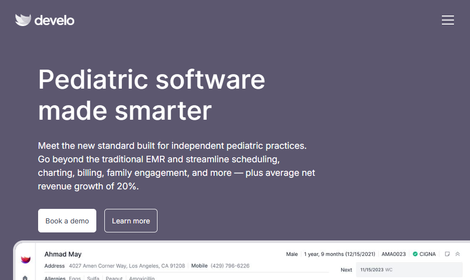 Develo homepage with headline “Pediatric software made smarter,” description of features, and “Book a demo” and “Learn more” buttons.