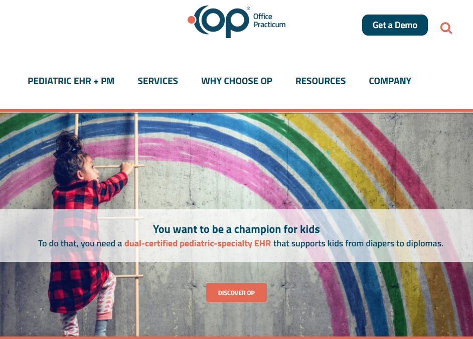 Office Practicum homepage with pediatric EHR navigation and a child climbing toward a painted rainbow, featuring a headline about supporting kids and a “Discover OP” button.