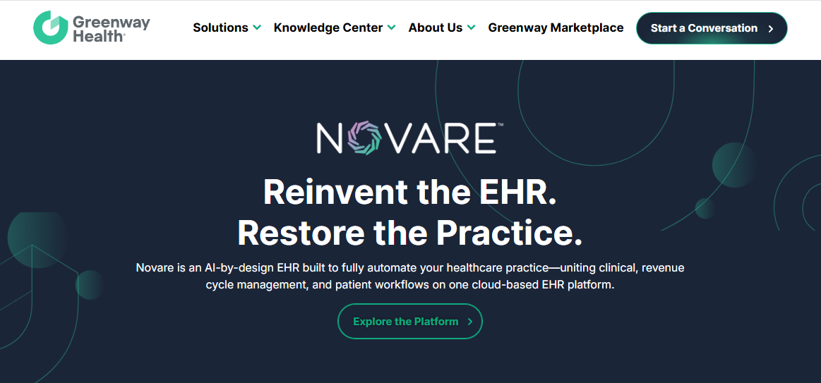 Greenway Health Novare homepage with headline “Reinvent the EHR. Restore the Practice.” and a call-to-action button to explore the platform.