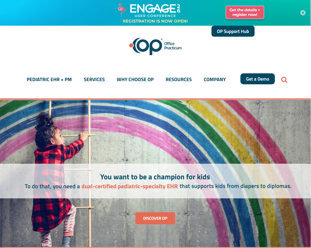 Homepage hero for Office Practicum’s pediatric EHR, featuring a child climbing a ladder toward a painted rainbow with messaging about supporting kids from infancy to graduation.