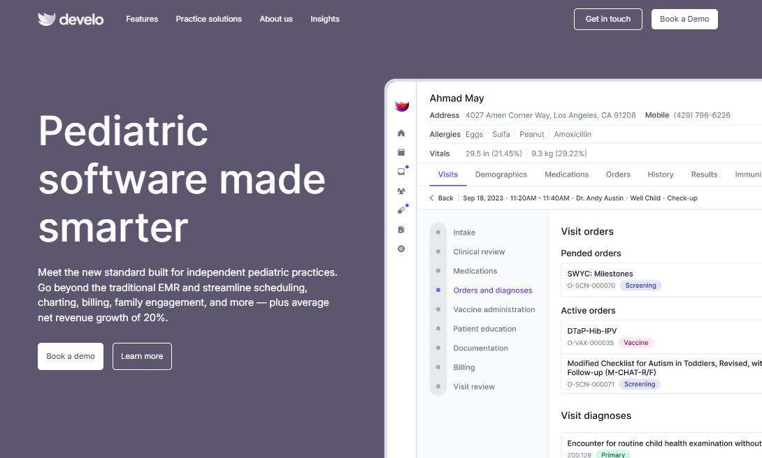 Screenshot of the Develo homepage promoting pediatric healthcare software for independent pediatric practices, featuring messaging about streamlining scheduling, charting, billing, and family engagement alongside a preview of the platformβs patient visit and diagnosis management interface.