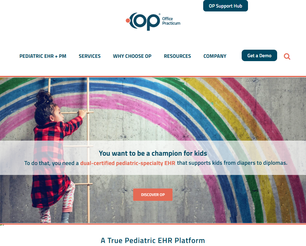 Screenshot of the Office Practicum homepage promoting its pediatric EHR and practice management platform, featuring messaging about supporting pediatric care from infancy through adolescence alongside an image of a child climbing toward a painted rainbow mural.
