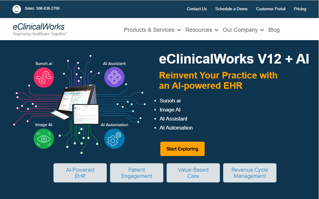 Screenshot of the eClinicalWorks homepage promoting its AI-powered EHR platform, featuring messaging about AI assistants, image AI, automation, patient engagement, and revenue cycle management alongside connected desktop and mobile healthcare software interfaces.