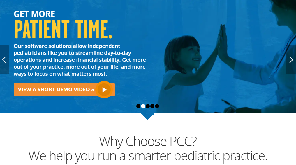 Screenshot from the PCC Pediatric EHR Solutions website promoting pediatric practice management software, featuring messaging about helping independent pediatricians streamline operations and increase patient time alongside an image of a child high-fiving a healthcare provider.