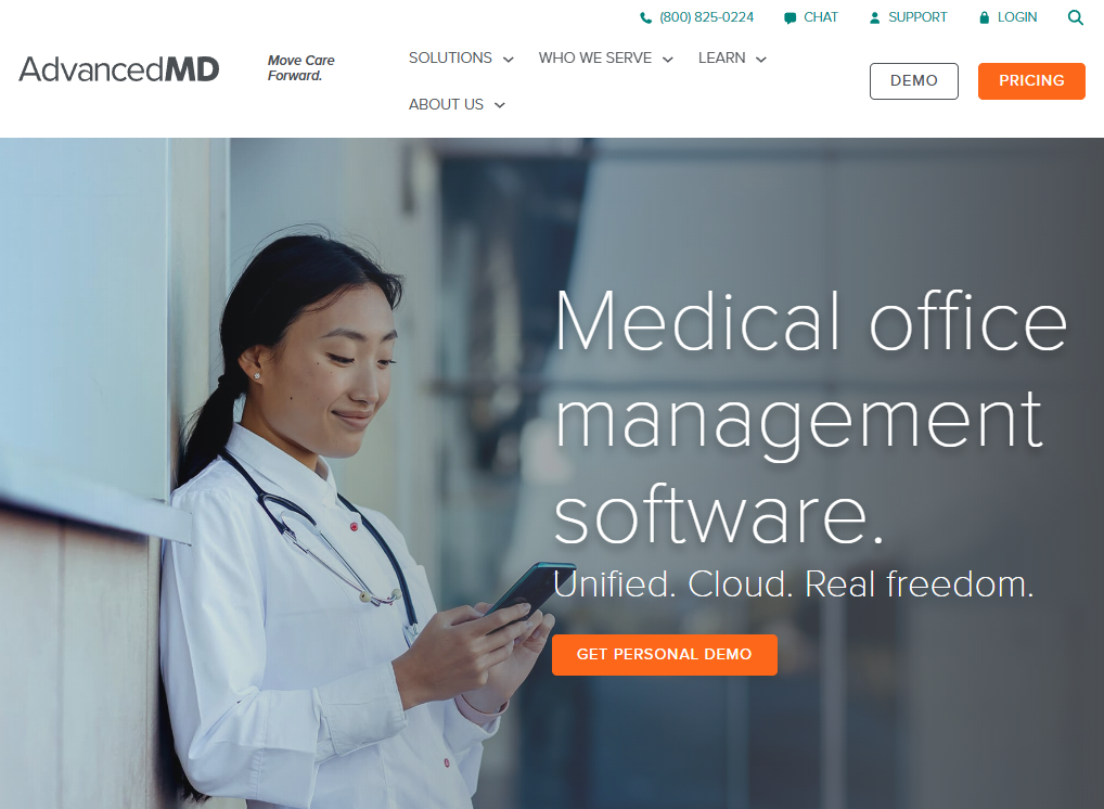 Screenshot of the AdvancedMD homepage promoting its medical office management software, featuring messaging about unified cloud-based healthcare operations alongside a healthcare professional using a mobile device in a clinical setting.