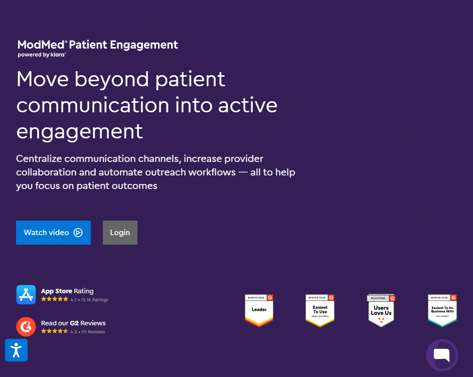 ModMed Patient Engagement (Klara) landing page with the headline “Move beyond patient communication into active engagement” on a purple background with buttons for watching a video and logging in.