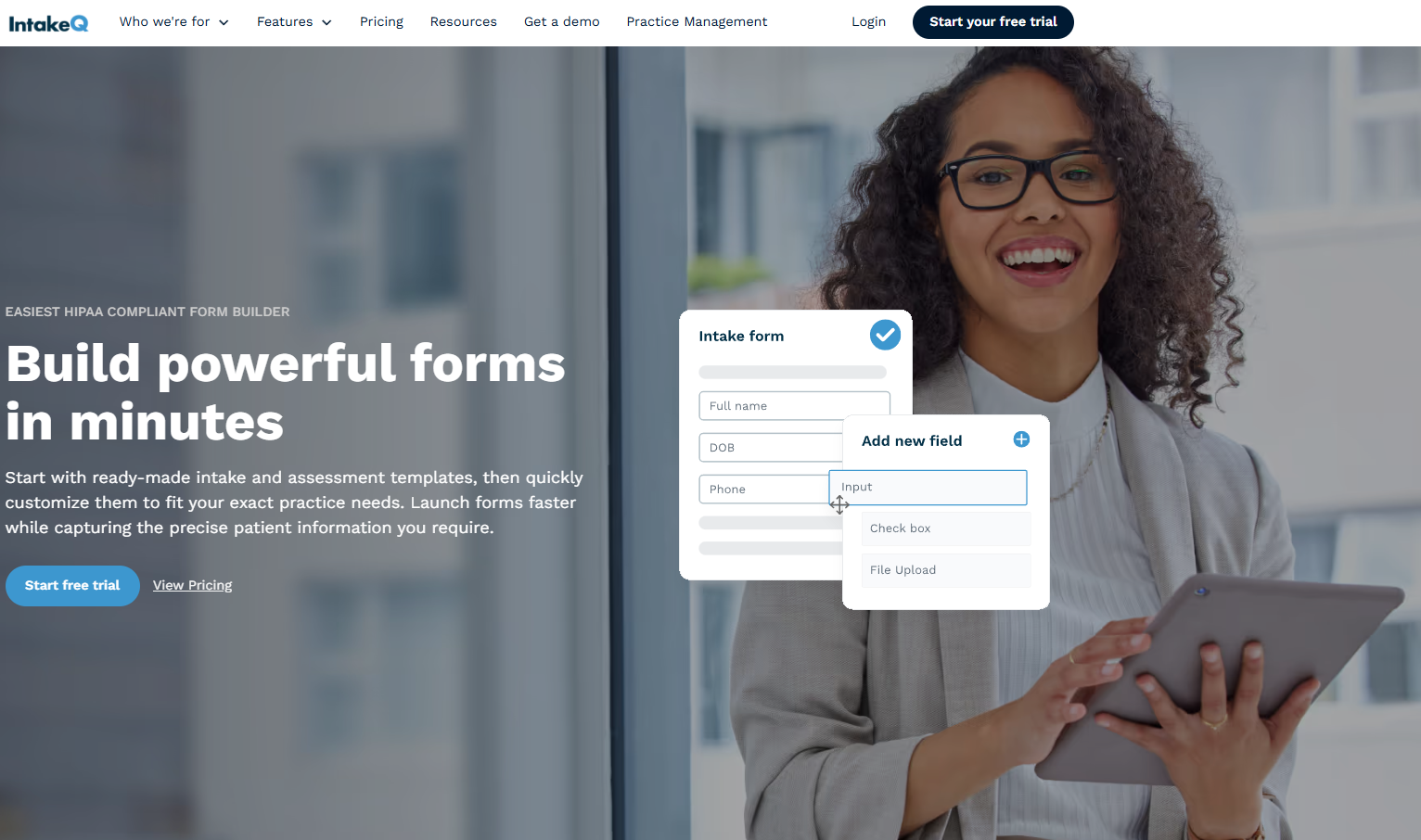 IntakeQ homepage promoting HIPAA-compliant intake form software, featuring the headline “Build powerful forms in minutes” alongside a healthcare professional holding a tablet and a form builder interface.