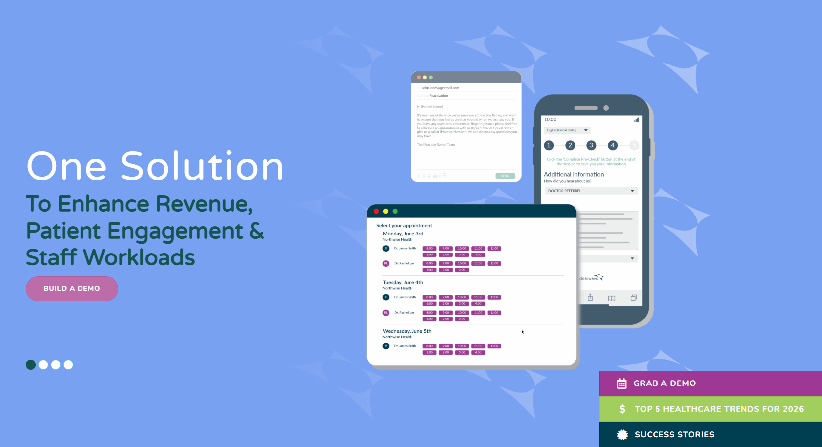 Healthcare software homepage promoting patient engagement and scheduling tools, featuring the headline “One Solution To Enhance Revenue, Patient Engagement & Staff Workloads” alongside appointment booking and mobile form interfaces.