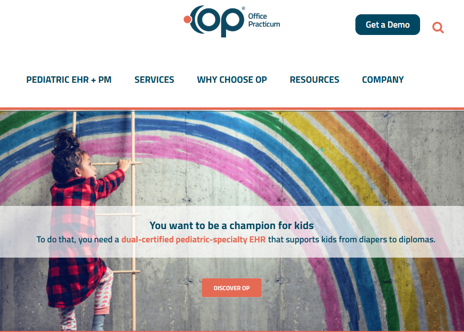 ffice Practicum website showing pediatric EHR navigation menu and a child climbing a ladder toward a painted rainbow, with headline about supporting kids from diapers to diplomas and a “Discover OP” button.